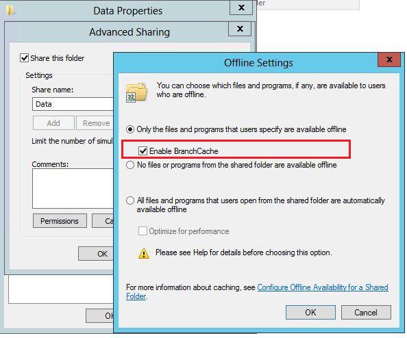Включить branchcache для общей папки на windows server 2012