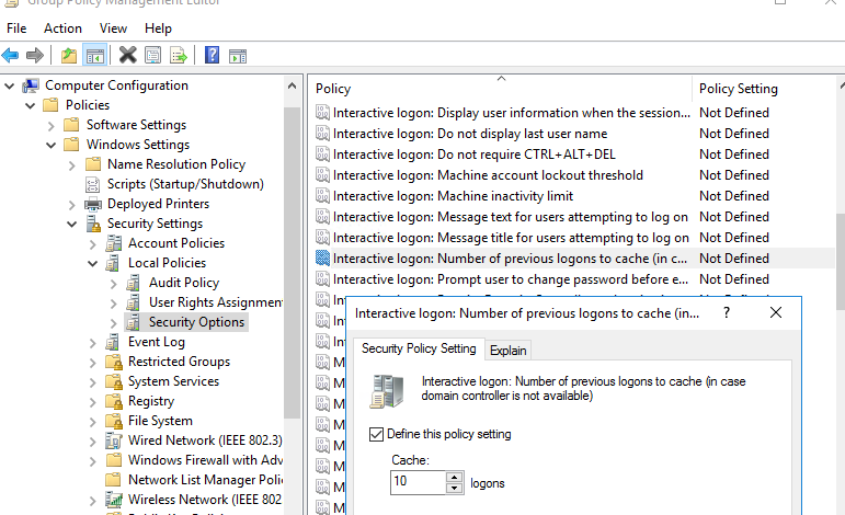 групповая политика Интерактивный вход в систему: количество предыдущих подключений к кэшу в случае отсутствия доступа к контроллеру домена