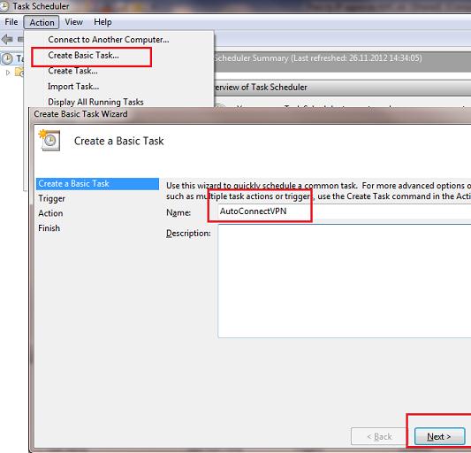 Новое задание планировщика AutoConnectVPN
