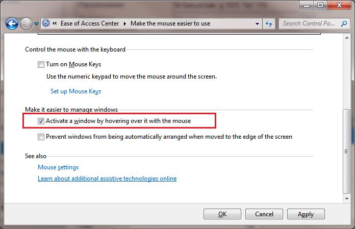 Автоматическая активация окна при наведении курсора в Windows 8