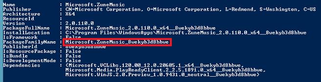 Get-AppxPackage - команда определения id metroapp zunemusic