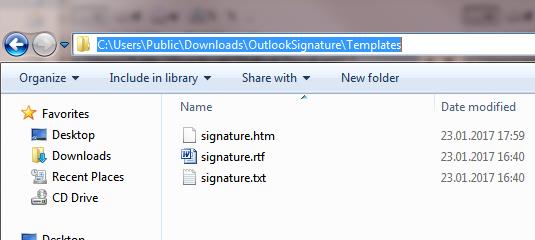каталог с шаблонами для подписей Outlook