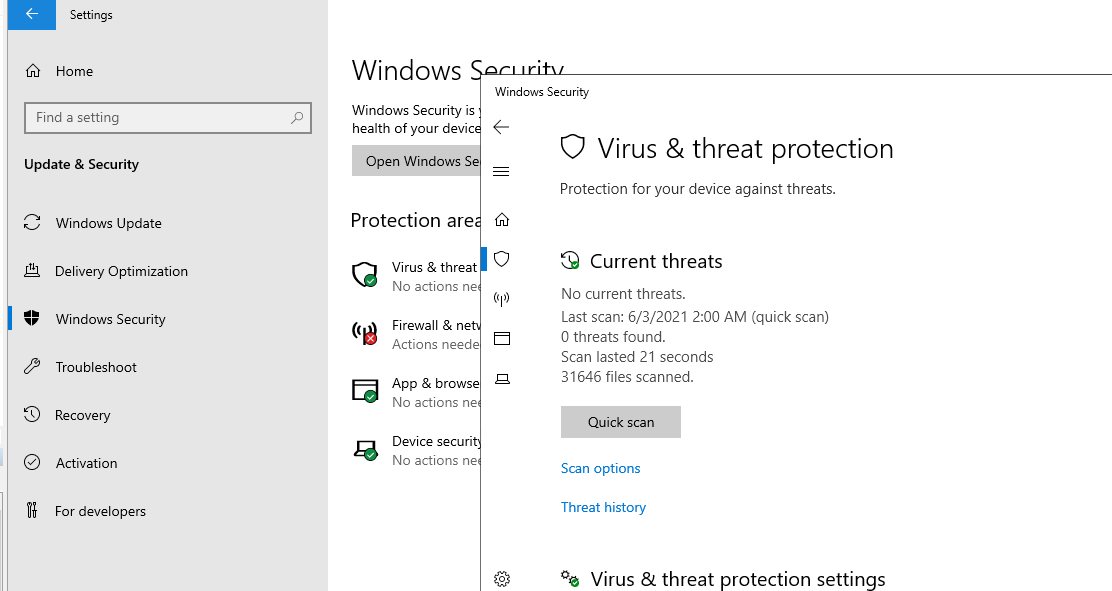 Панель управления Virus and threat protection в Windows Server 2019