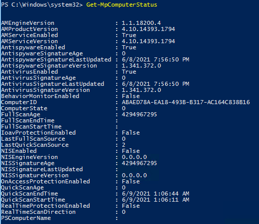 Get-MpComputerStatus команда проверки состояния антивируса Microosft Defender