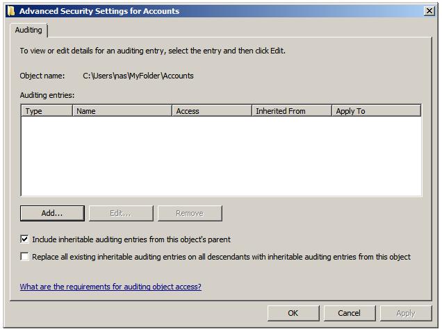 Аудит доступа к файлам и папкам в Windows Server 2008 R2 4 the file and folder auditing entries dialog