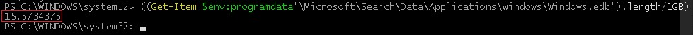powershell команда чтобы узнать размер файла windows.edb в windows 10