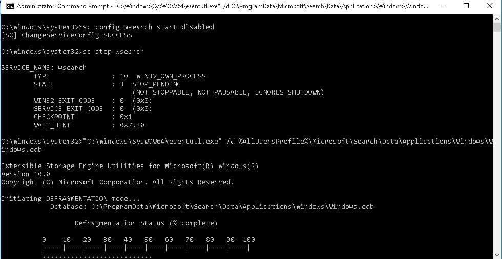 дефрагментация базы windows.edb с помощью esentutl.exe