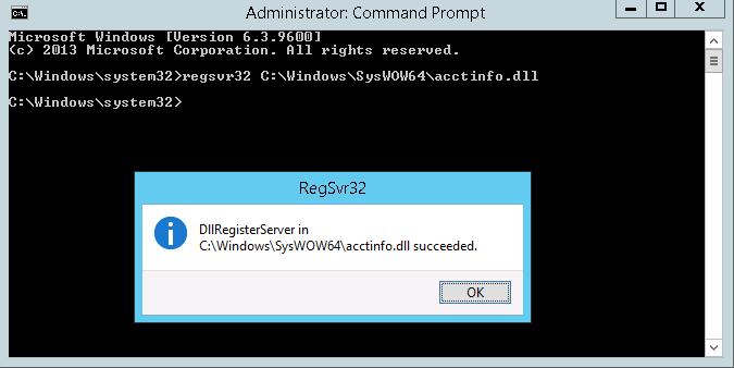 regsvr32 C:WindowsSysWOW64acctinfo.dll 