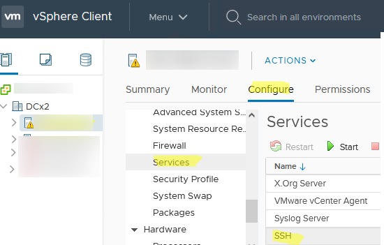 включить ssh через vcenter vsphere client