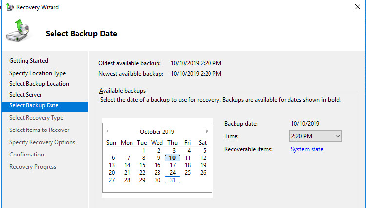 выберите дату создания резевной копии состояния контроллера домена AD