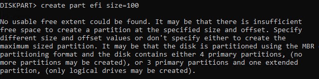 diskpart недостаточно места для создания efi раздела