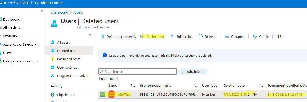 Восстановление удаленного пользователя через Azure Portal