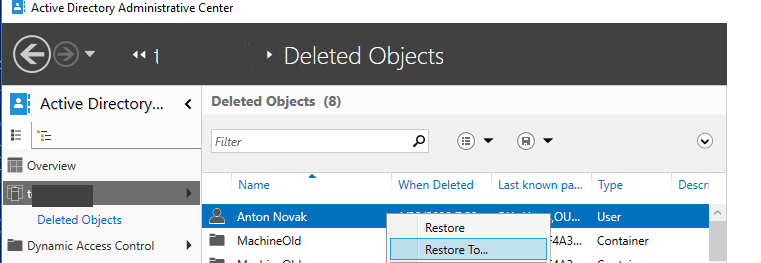восстановление удаленного пользователя в консоли Active Directory Administrative Center