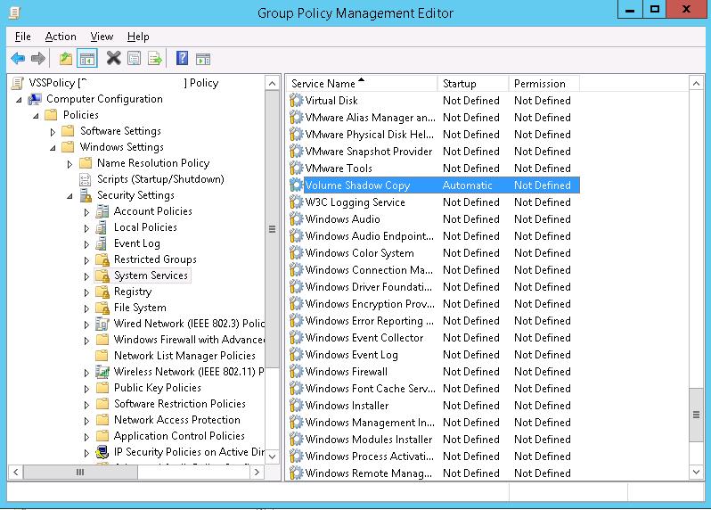 Включить службу Volume Shadow Copy через GPO