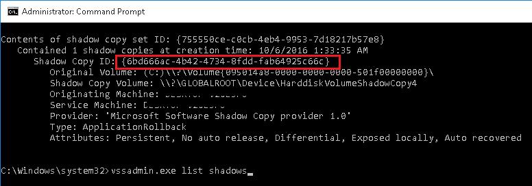 vssadmin.exe list shadows