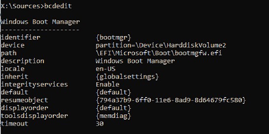 bcdedit вывод конфигурации windows boot manager файл bootmgfw.efi