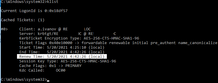klist - время обновления билета kerberos tgt
