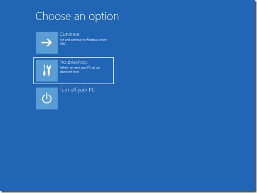 Загрузочное меню troubleshoot в Windows 2012