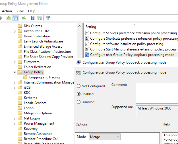 Configure user Group Policy loopback processing mode 