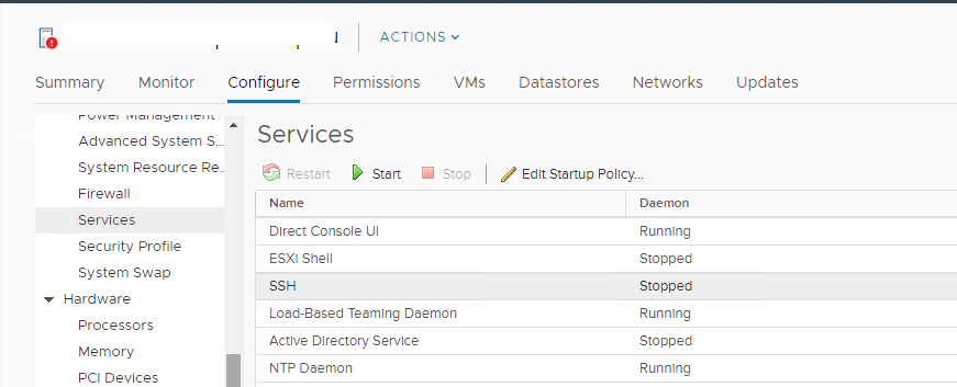 включить ssh в vmware esxi