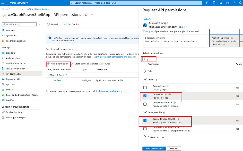 назначить права в azure для microsoft graph api