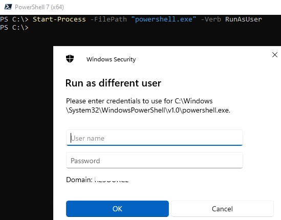 powershell запуск процесса от другого пользователя start-process 