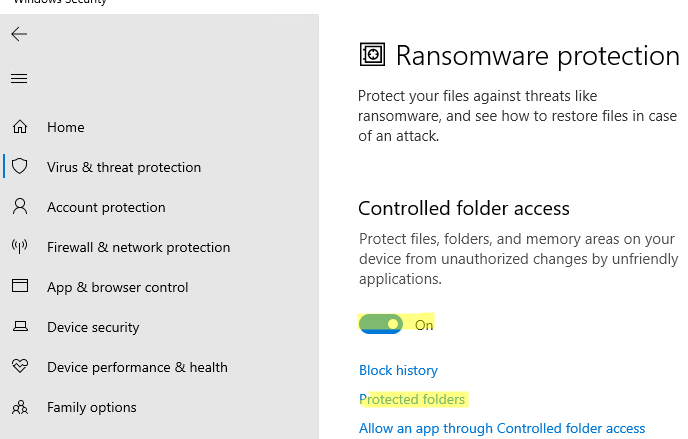Включить контролируемый доступ к папкам для защиты от шифровальщиков