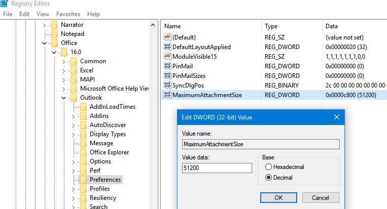 параметр реестра MaximumAttachmentSize позволяет увеличить размер вложений в outlook