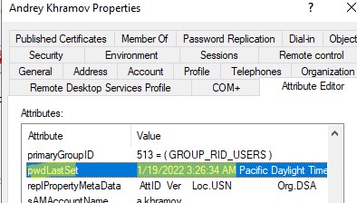 атрибут pwdLastSet пользователя AD