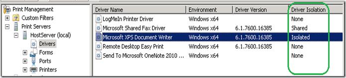 Консоль Print Management, Режим изоляции драйверов PDI Консоль Print Management, Режим изоляции драйверов PDI