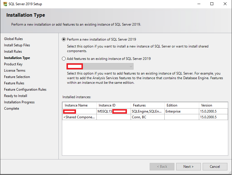 выбор типа установки sql server - новая установка