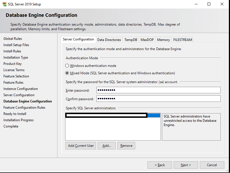 тип аутентфикации sql server: Windows authentication mode или Mixed mode