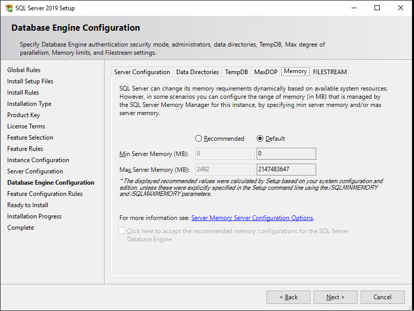 настройка выделения памяти для sql server 