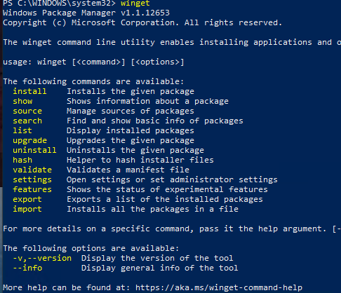 параметры команды winget