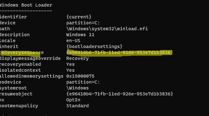 bcdedit /enum all recoverysequence ссылка на winre