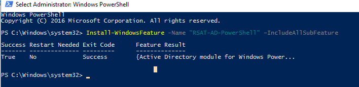 Install-WindowsFeature -Name "RSAT-AD-PowerShell" 