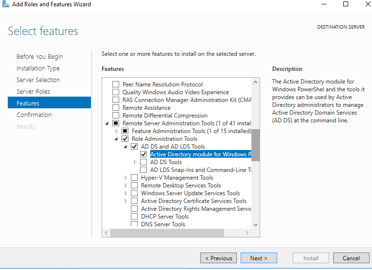 установка Active Directory module for Windows PowerShell в windows server 2016