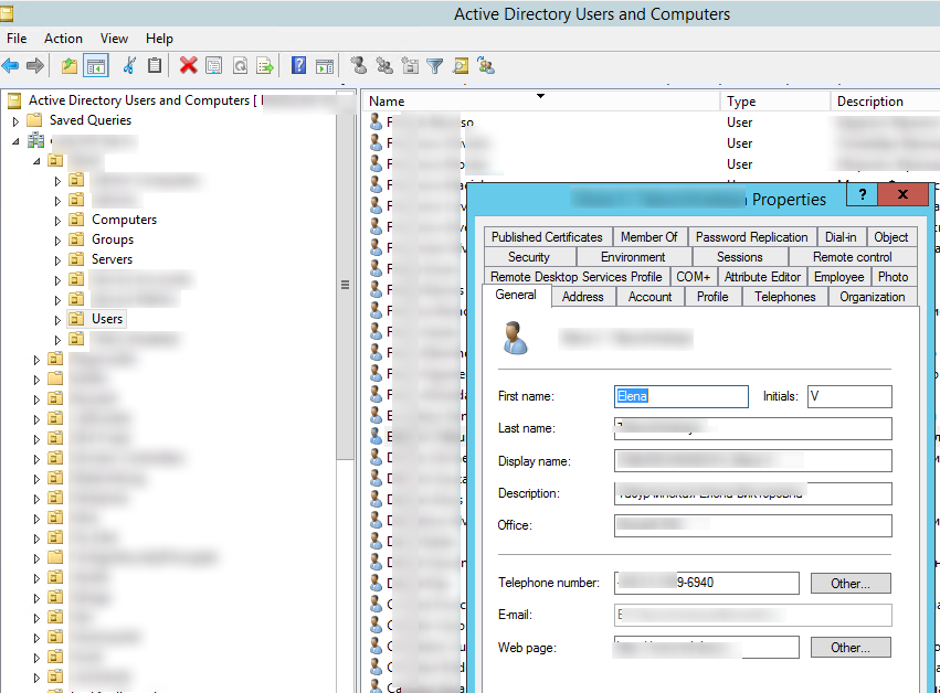 свойства пользвоателя в консоли Active Directory