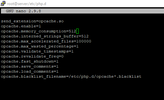 подключение модуля opcache в конфигурационном файле php.d