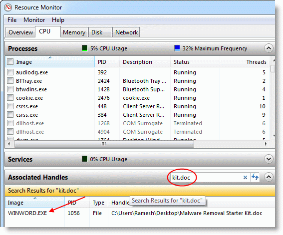 Associated Handles в Resource Monitor