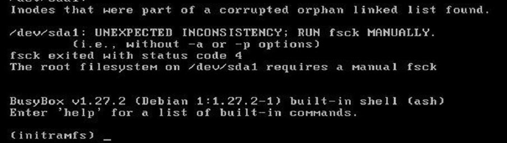 ошибка проверки файловой системы fsck в initramfs 