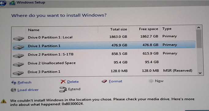 0x80300024: couldn’t install Windows 10 in the location, check media drive.