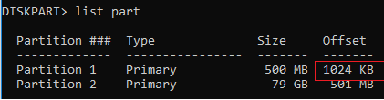 diskpart offset