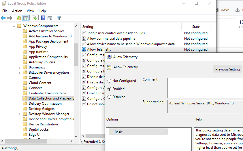 политика Allow Telemetry в windows