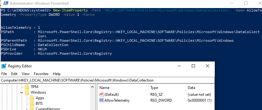 включить AllowTelemetry через реестр