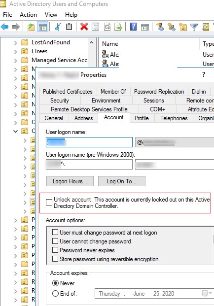 aduc разблокировать пользователя Active Directory