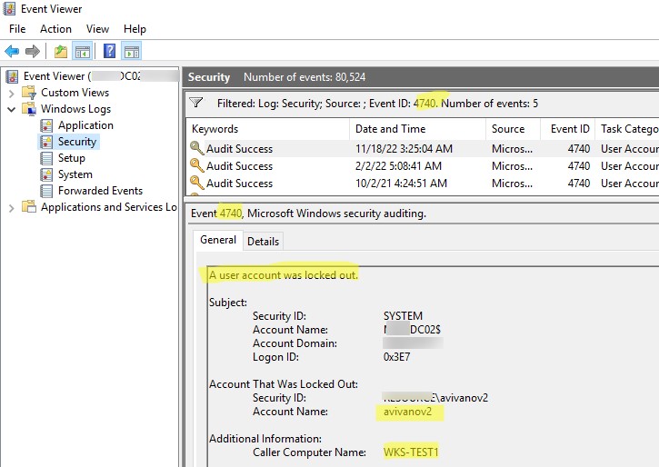 Событие блокировки учетной записи на контроллере домена AD. eventid 4740