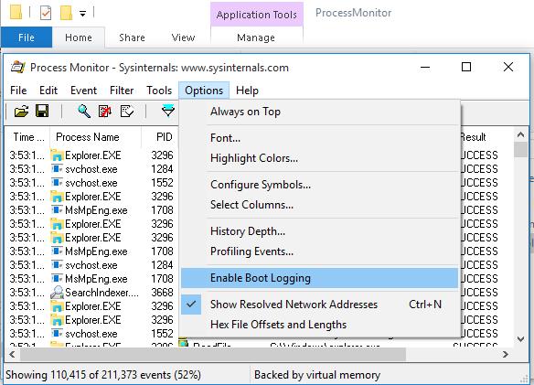 Enable Boot Logging журналирование загрузки в Process Monitor