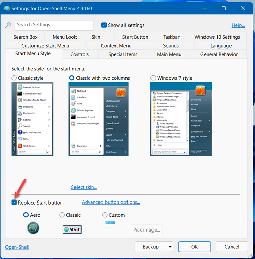 включить опцию Replace Start Button в openshell