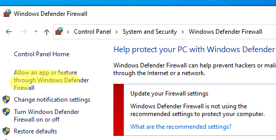 настройки Windows Defender Firewall